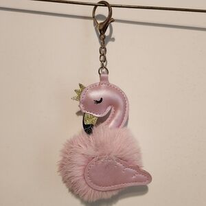 7" Pink Flamingo wearing Crown Pom Pom Keychain Bag Accessory Lobster Claw Clasp